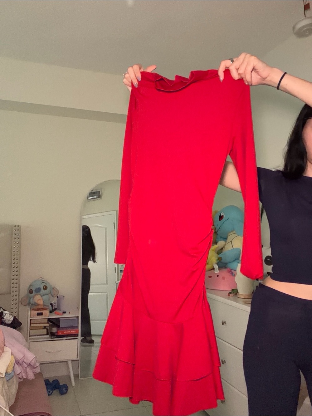 Red Long-Sleeve Ruffle Hem Dress - Classic Women's Dress